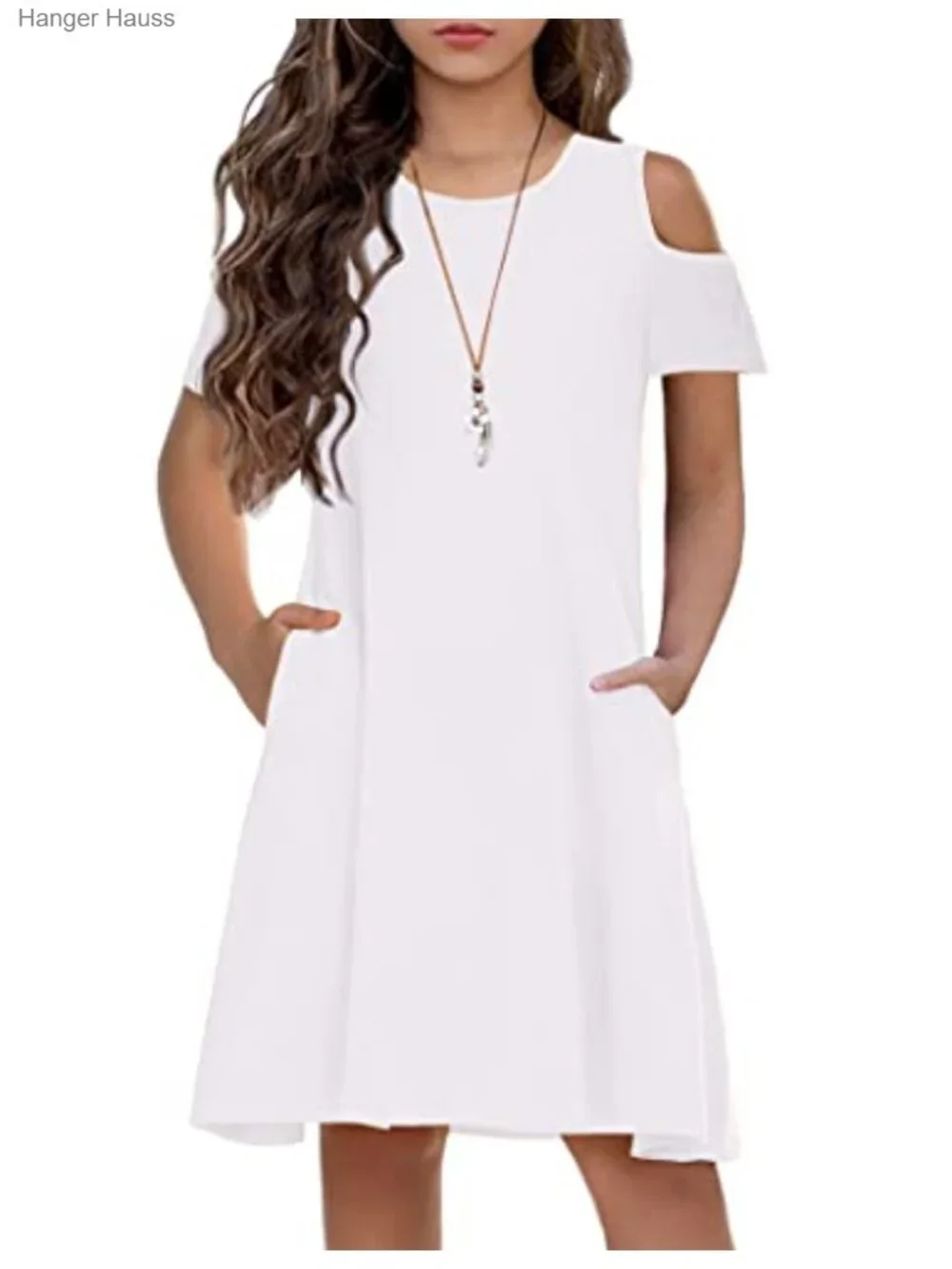 Girls Summer Cold Shoulder Swing Dress with Pockets